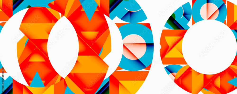 Poster Abstract geometric shapes create vibrant circular patterns. Orange, blue, red dominate composition. Minimalist design with white space.