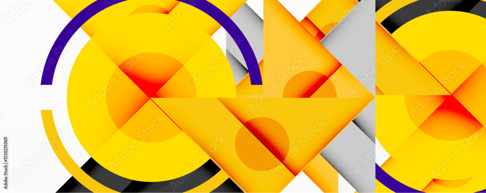 Poster Abstract geometric composition. Yellow circles, purple arcs, white triangles create dynamic visual pattern. Modern design elements present.