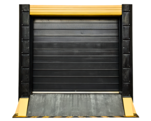 Industrial loading dock with a black roll-up door and ramp on a transparent background