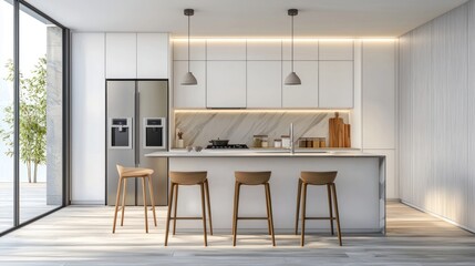 A stylish home kitchen with smart refrigerators, induction cooktops, and wireless phone charging stations