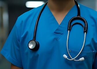 Close-up Doctor's Uniform with Stethoscope in Hospital Setting at Night