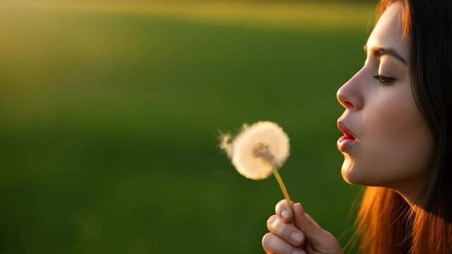 Woman blows dandelion seeds in golden sunlight, against blurred green background