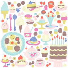 cute sweet dessert set, vector hand-drawn illustration