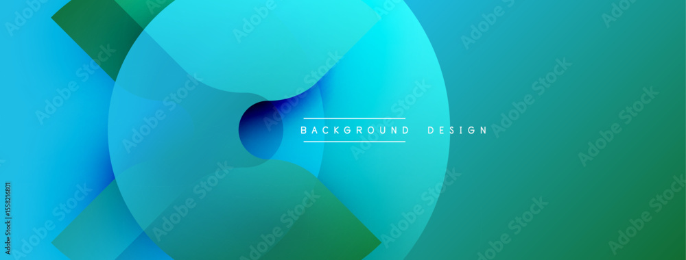 Poster Abstract composition. Overlapping circles create dynamic visual flow. Blue, green hues dominate design. Modern aesthetic.