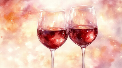 Two wine glasses filled with red wine in a dreamy watercolor style.