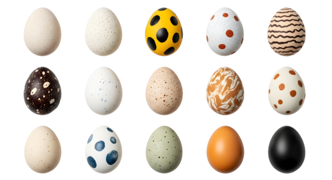 Easter eggs in various shapes and patterns. Decorated eggs symbolize new life. Happy Easter concept for holiday celebration.