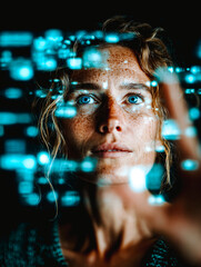 Femme regardant avec points lumineux bleus sur la vitre