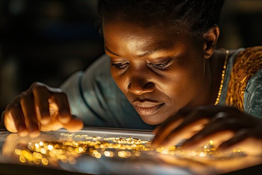 African american female jeweler inspecting gold on light table