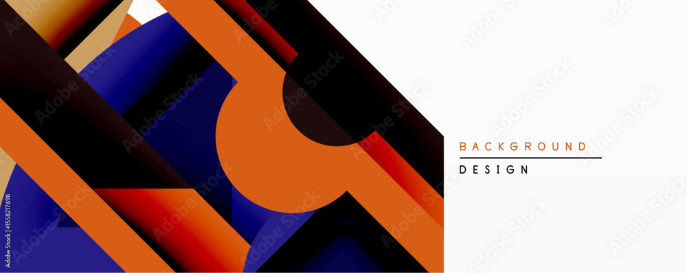 Aufkleber Abstract geometric composition. Overlapping shapes create dynamic visual effect using gradients. Orange, blue, black hues dominate design. Modern aesthetic.