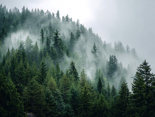Misty forest with tall trees against a white sky, panoramic view of greenery in foggy landscape, soft sunlight filters through clouds and casts shadows, lush green foliage contrasting c - AI-Generated