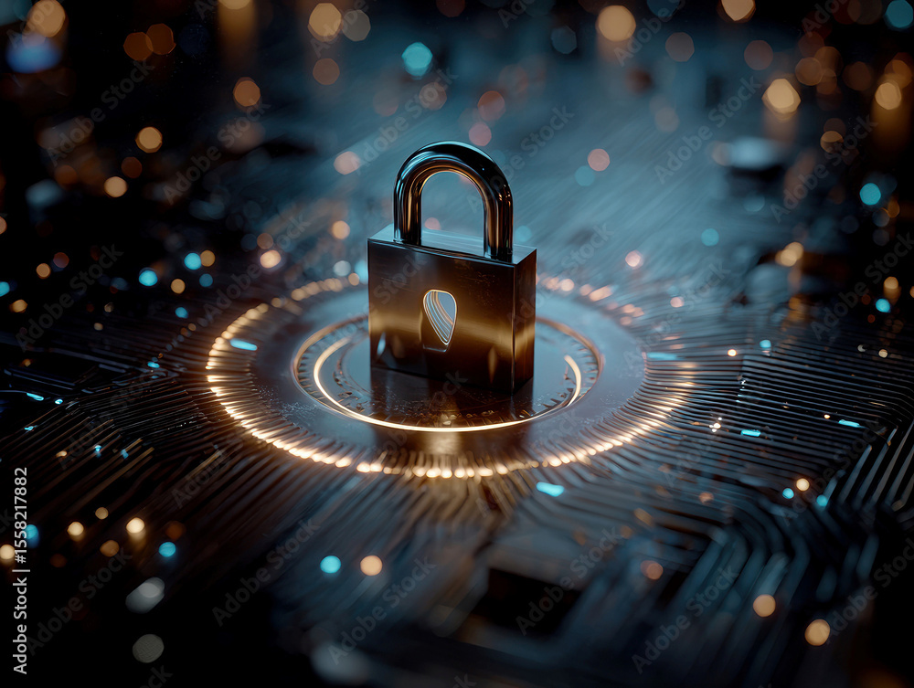Poster digital lock on circular circuit board background, surrounded by glowing data streams, in a tech-ins
