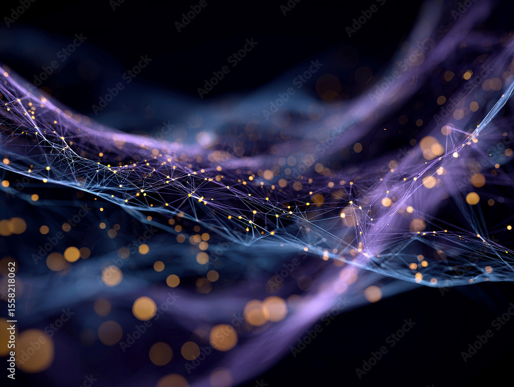 Poster a close-up image of a dynamic, intricate network structure in dark purple and blue hues, symbolizing