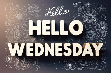 Hello Wednesday text on a black background, surrounded by cute doodles for a cheerful and playful design