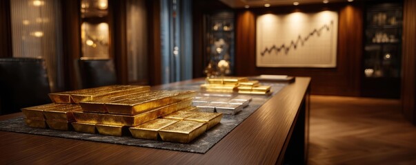 Bullion trading through portfolio and trend forecast concept. Luxurious office with gold bars and financial growth visualization.
