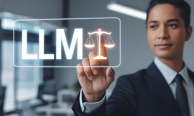 LLM legal technology interface with scales of justice