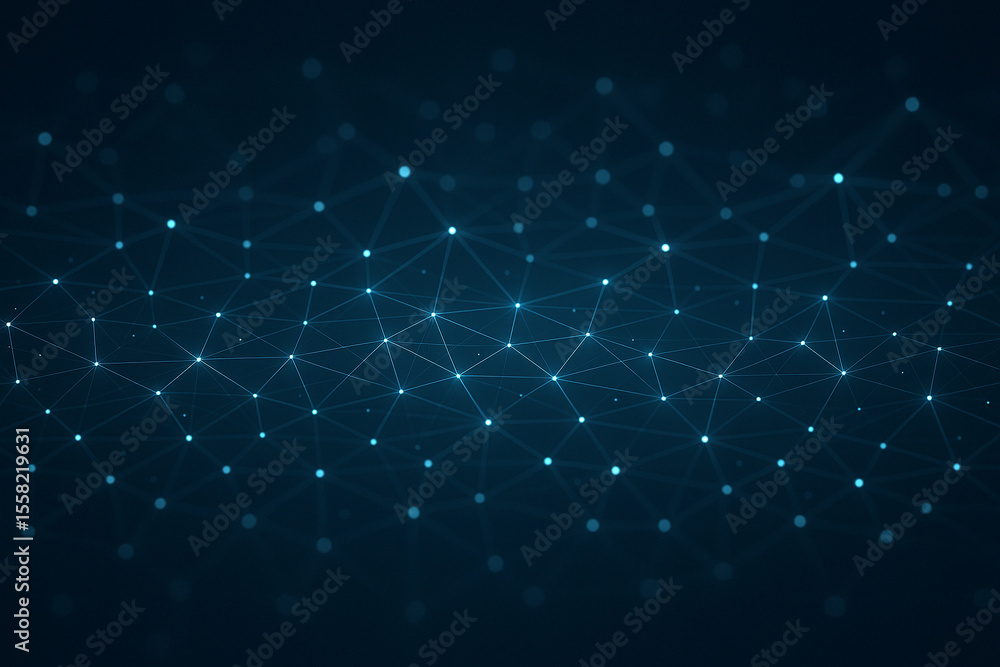 Poster abstract digital network of glowing blue nodes and lines on dark background
