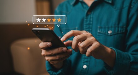Person using a smartphone to leave a four star rating