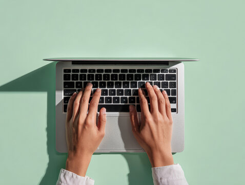 Close-up, hands typing on laptop keyboard, laptop mockup, green background, flat lay view, minimalist style, high-resolution photography, detailed, isolated, pastel color background, st - AI-Generated