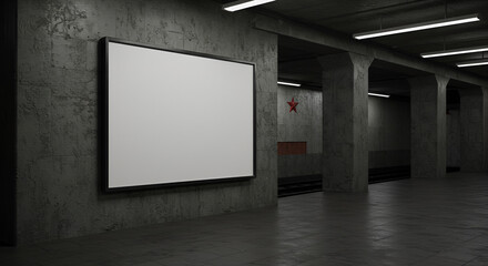 Blank billboard in a dark subway station