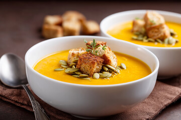 pumpkin soup with croutons on brown background