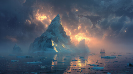 Tall ship sailing through a dramatic arctic landscape with massive icebergs