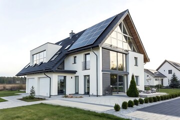 Large house with a black roof and a white exterior