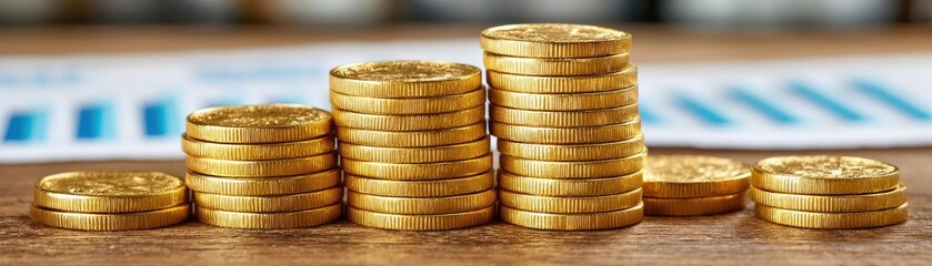 Bullion trading through portfolio and trend forecast concept. Stacked gold coins symbolizing wealth and financial growth.
