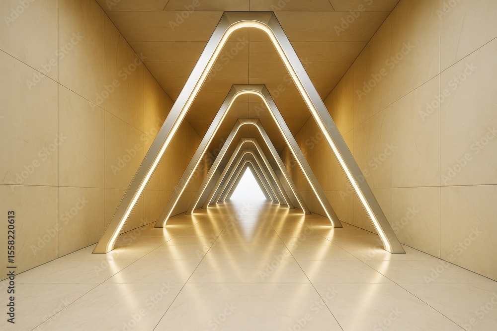 Aufkleber futuristic empty hallway with triangular light beams and beige walls in modern interior architecture