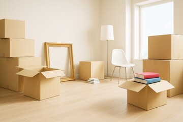 Cardboard boxes, books, and furniture in a bright modern empty room with wooden floor and large window during moving or relocation process.