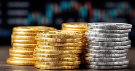 Bullion trading through portfolio and trend forecast concept. Stacks of gold and silver coins on a wooden surface.
