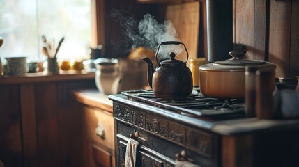 A vintage cast iron stove with a tea kettle steaming on top in a cozy kitchen