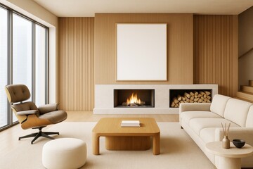 Contemporary living room with minimalist wooden interior, cozy fireplace, and blank frame on wall for mockup or branding design template use.