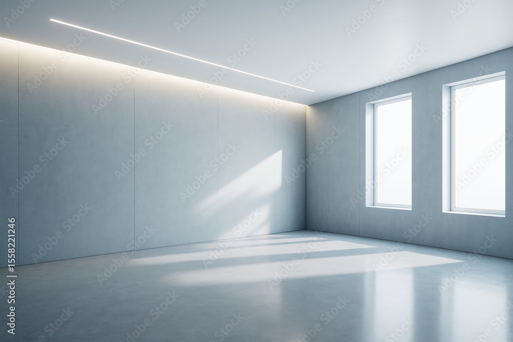 Poster modern empty room interior with large windows, concrete walls, and minimal ceiling light reflecting 