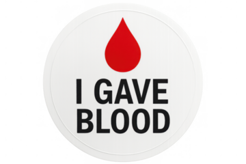 Round white sticker with red blood drop and i gave blood message, promoting blood donation on a transparent background