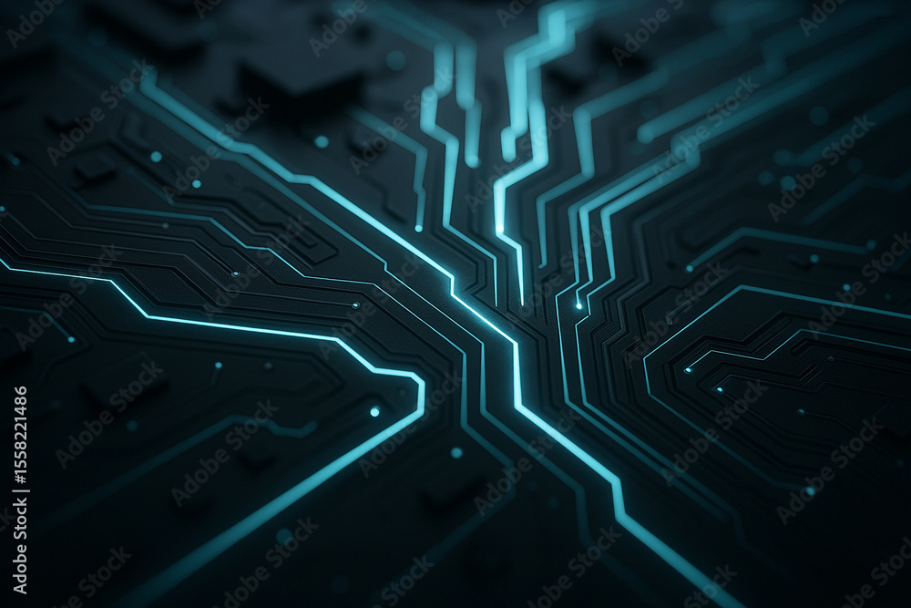 Poster close up of a dark circuit board with glowing blue lines and intricate pathways