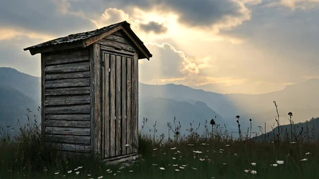 A rustic wooden outhouse stands alone in a serene mountainous landscape under a dramatic sky
