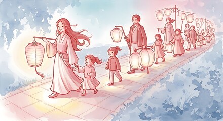 Family Lantern Procession A Gentle Watercolor Illustration