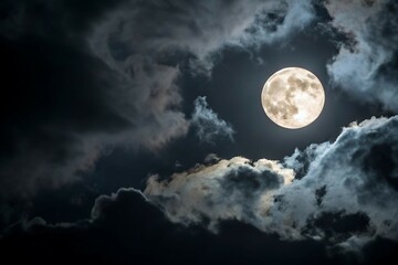 Full moon in a dark, cloudy night sky with bright moonlight