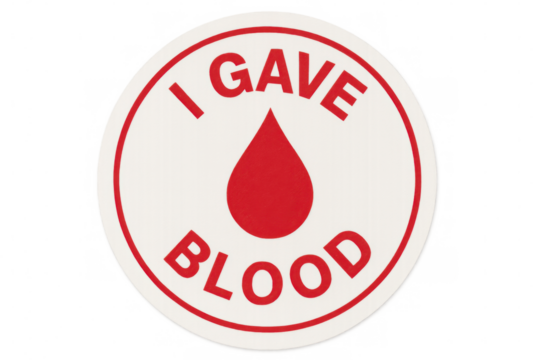Round white sticker with red writing and blood drop promoting blood donation, isolated on transparent background
