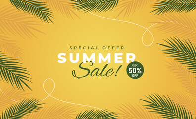 Yellow Summer Sale Banner with Tropical Leaves. Vector Background for Promo Ads & Marketing