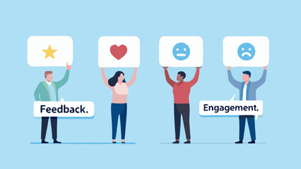 Diverse people holding signs with feedback and engagement icons and text