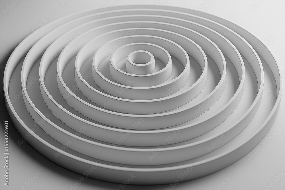 Poster concentric white circles create a mesmerizing spiral pattern with soft shadows