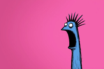Blue funny cartoon character with spiky hair and wide open mouth expressing shock and surprise against pink background with copy space