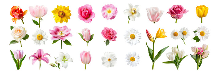 Fototapeta premium Colorful Collection of Flower Varieties for Floral Arrangements, Isolated on Transparent, white background
