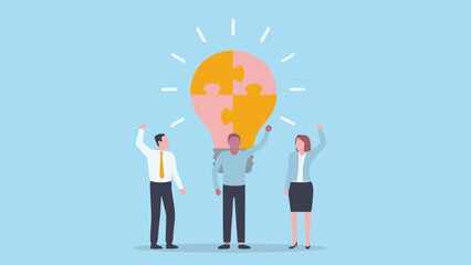 Diverse team celebrates a successful innovative idea represented by a puzzle lightbulb