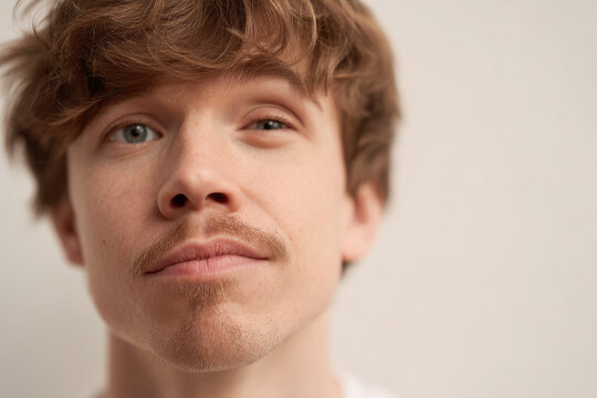portrait of cunning slacker with sly expression positioned on left side of frame