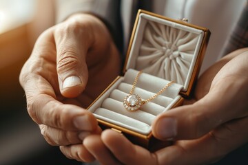 Fototapeta premium Hands holding a small gold jewelry box with a diamond pendant