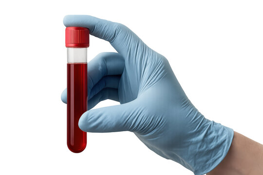 Blue-gloved hand gripping blood sample vial, preparing for medical laboratory testing against transparent backdrop
