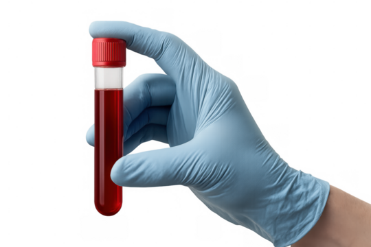 Blue-gloved hand gripping blood sample vial, preparing for medical laboratory testing against transparent backdrop