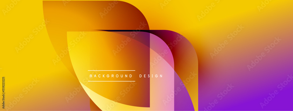 Poster Abstract gradient shapes overlap, creating dynamic visual effect. Yellow, orange, purple hues blend smoothly. Text reads background design.